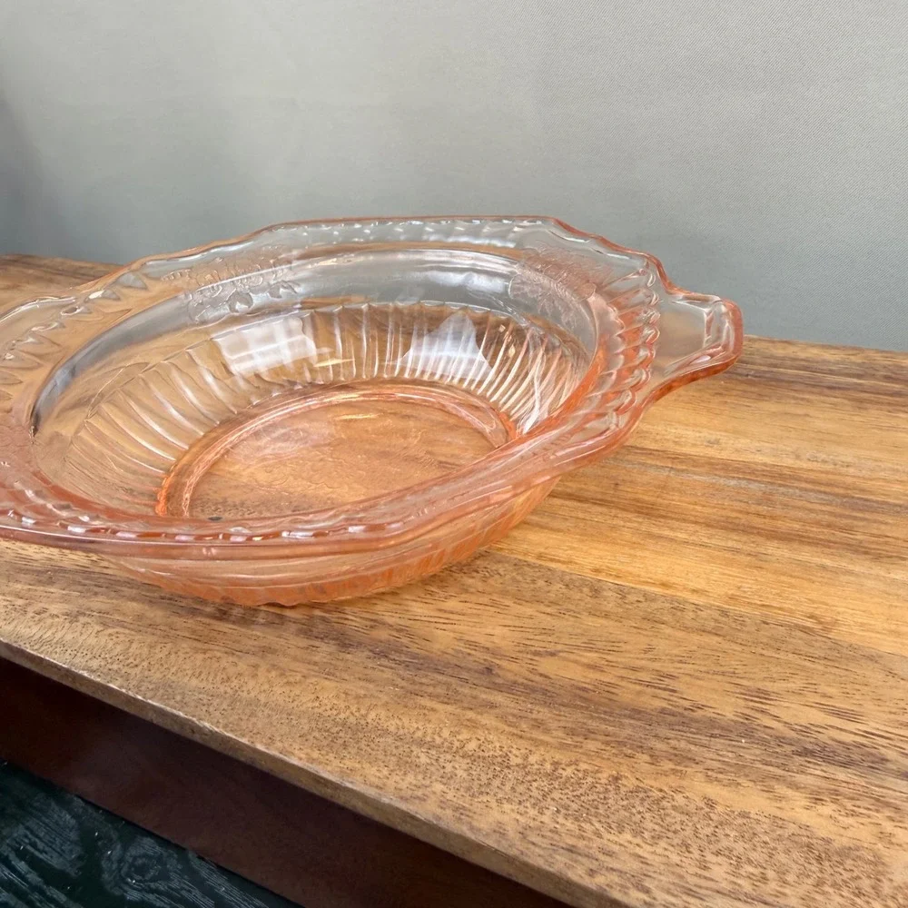 Anchor Hocking Mayfair Open Rose Pink Depression Glass Bowl Tab Handles 9.5